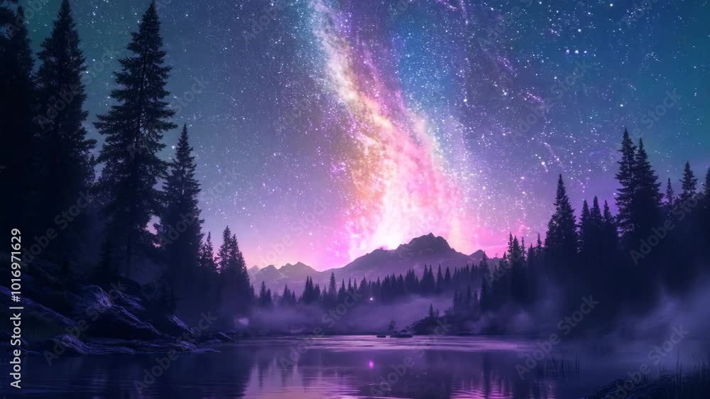 A beautiful purple sky with a mountain range in the background. The sky is filled with stars and the water is calm A beautiful purple sky with a mountain range in the background. The sky is filled with stars and the water is calm