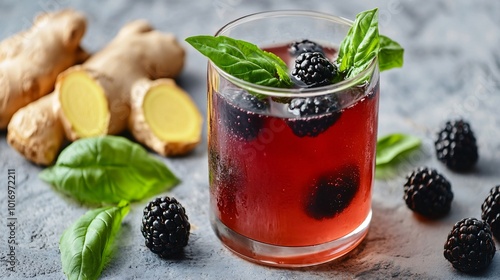 A glass of fizzy kombucha with floating blackberries, isolated on a stone background with basil leaves and ginger slices