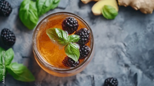 A glass of fizzy kombucha with floating blackberries, isolated on a stone background with basil leaves and ginger slices