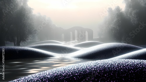 Mystical Foggy Landscape with Arched Bridge Over Calm River