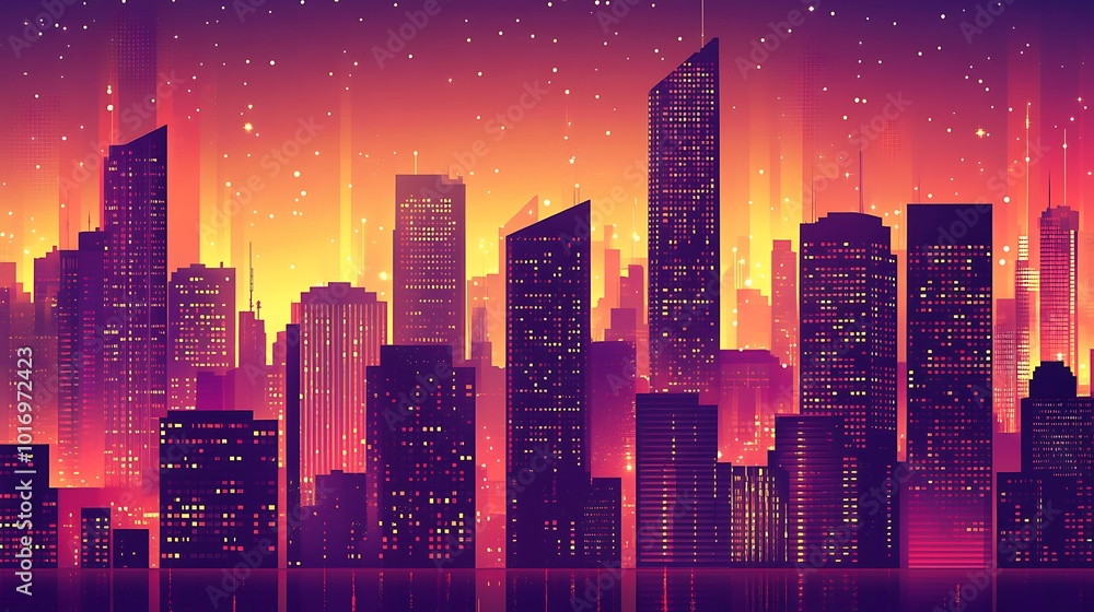 A vibrant cityscape with tall buildings illuminated by a fiery sunset sky. A vibrant cityscape with tall buildings illuminated by a fiery sunset sky.