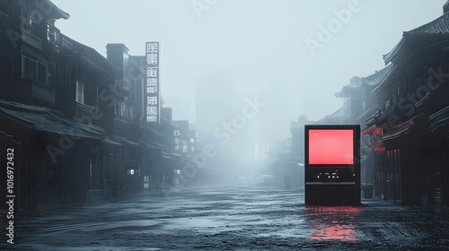 Rain-Soaked Urban Street with Neon Lights and Traditional Architecture