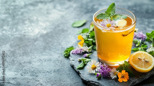 A glass of kombucha with ginger and mint, isolated on a stone background with decorative edible flowers and lemon zest