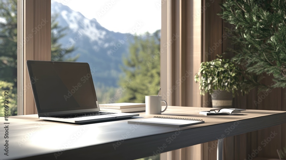 Modern Workspace with Scenic Mountain View Modern Workspace with Scenic Mountain View