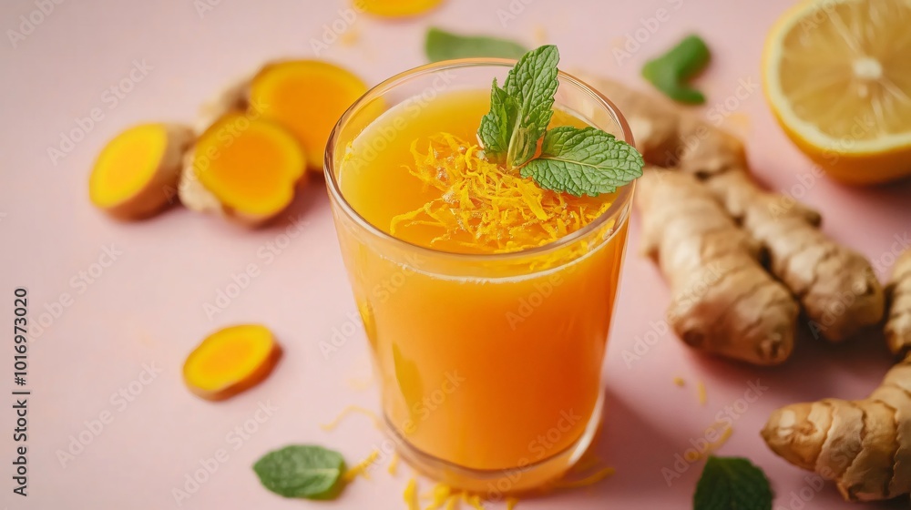 A glass of kombucha with lemon zest and fresh mint, isolated on a pastel background with ginger roots and turmeric slices A glass of kombucha with lemon zest and fresh mint, isolated on a pastel background with ginger roots and turmeric slices