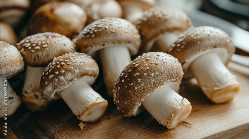 Fresh Mushrooms on Wooden Board