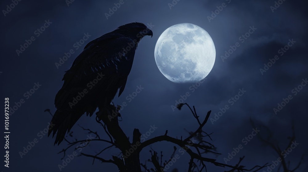 Obraz premium A silhouette of a raptor against the moonlit sky, highlighting the stealth and nocturnal prowess of these creatures. The image draws inspiration from atmospheric night photography