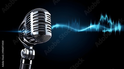 a dark blue background with hyper realistic modern microphone and a live recording vibe like sound wave in background