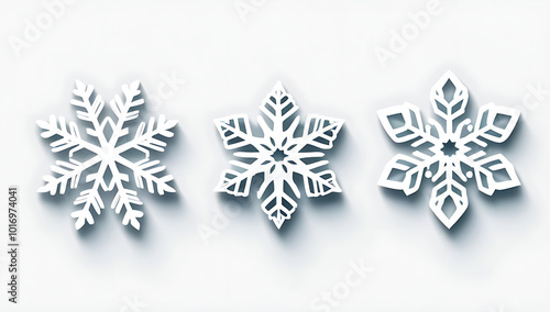 three delicate snowflakes isolated white showcasing intricate designs macro photo