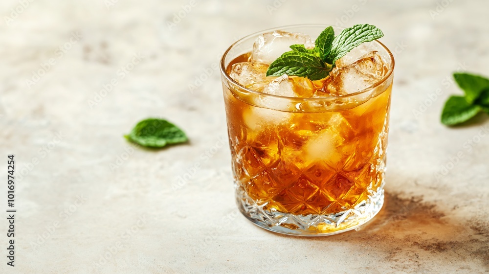 Kombucha in a clear glass with ice cubes, isolated on a light background with honey drizzle and scattered mint leaves Kombucha in a clear glass with ice cubes, isolated on a light background with honey drizzle and scattered mint leaves