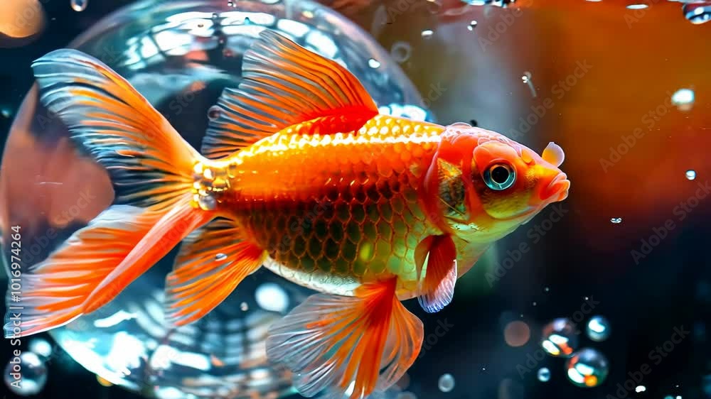 A goldfish is swimming in a clear bubble. The bubble is surrounded by water and the fish is swimming in it A goldfish is swimming in a clear bubble. The bubble is surrounded by water and the fish is swimming in it