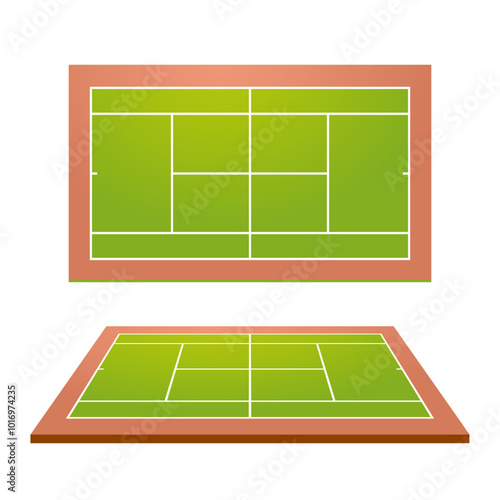 Tennis court. Top and perspective view tennis field ground. Green sports field with brown frame. Vector EPS 10
