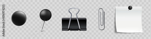 Realistic set with paper clips and pins. Black pin, staple and binder clip for paper attach. Vector EPS 10