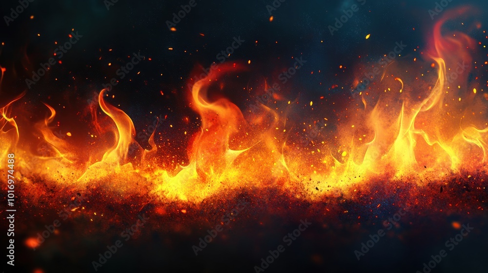 A vibrant depiction of flames with glowing embers against a dark background. A vibrant depiction of flames with glowing embers against a dark background.