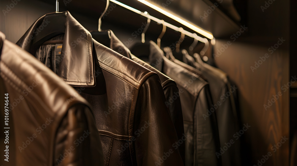 Elegant Wardrobe with Leather Garments Neatly Hung | Luxury Fashion Closet Featuring Stylish Leather Apparel Elegant Wardrobe with Leather Garments Neatly Hung | Luxury Fashion Closet Featuring Stylish Leather Apparel