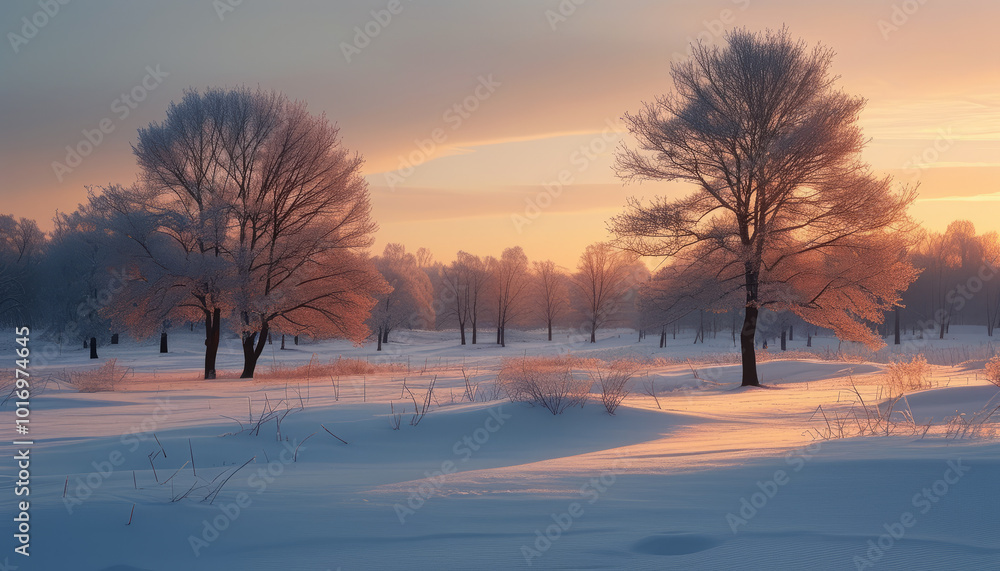 Winter Wonderland at Dawn with Sunlight. Snow-Covered Trees in Winter Sunrise. Frosty Landscape with Morning Sun Winter Wonderland at Dawn with Sunlight. Snow-Covered Trees in Winter Sunrise. Frosty Landscape with Morning Sun