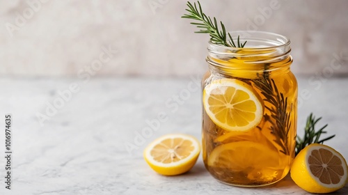 Kombucha in a mason jar with decorative lemon slices and rosemary sprigs, isolated on a light marble surface photo