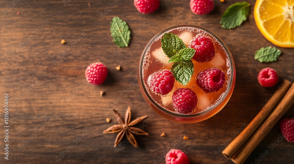 Kombucha with floating raspberries and mint leaves, isolated on a wooden surface with decorative cinnamon sticks and orange zest Kombucha with floating raspberries and mint leaves, isolated on a wooden surface with decorative cinnamon sticks and orange zest