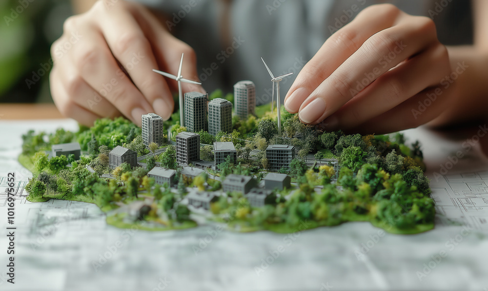 Hands making a miniature model of a cityscape with wind turbines, green energy. Hands making a miniature model of a cityscape with wind turbines, green energy.