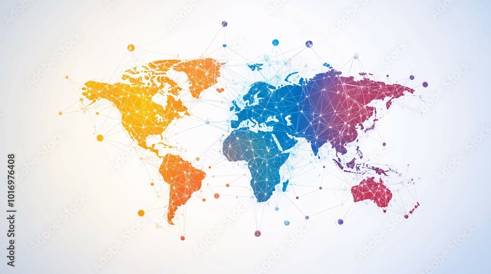Fototapeta premium Global Network Connection with Colored Continents and Nodes