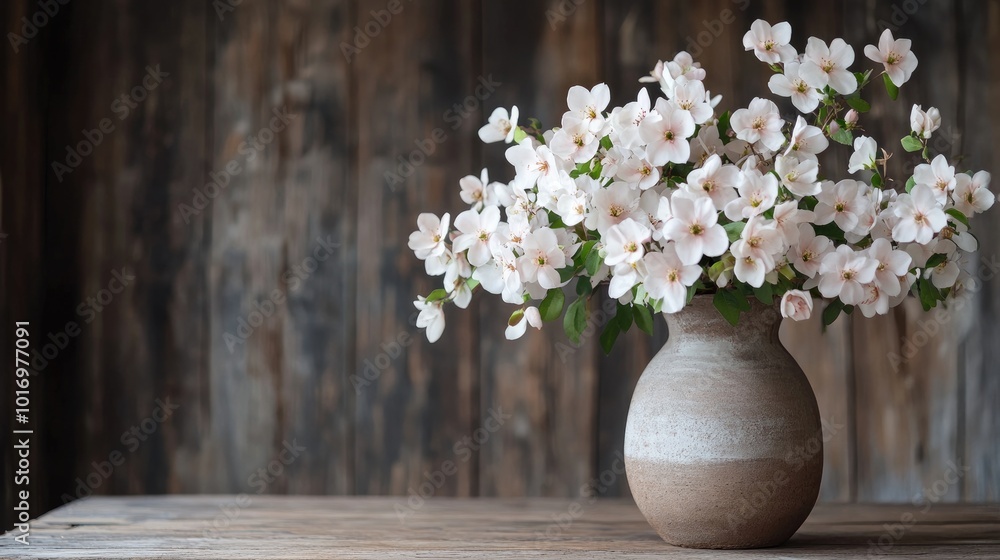 Elegant White Flowers in Rustic Vase on Wooden Table Elegant White Flowers in Rustic Vase on Wooden Table