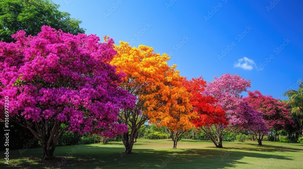 Vibrant Trees in Colorful Bloom Under Clear Sky Vibrant Trees in Colorful Bloom Under Clear Sky