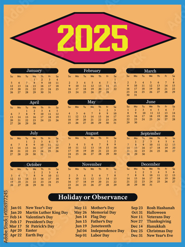 Calendar 2025 Vector Design. 2025 Calendar Template and Images