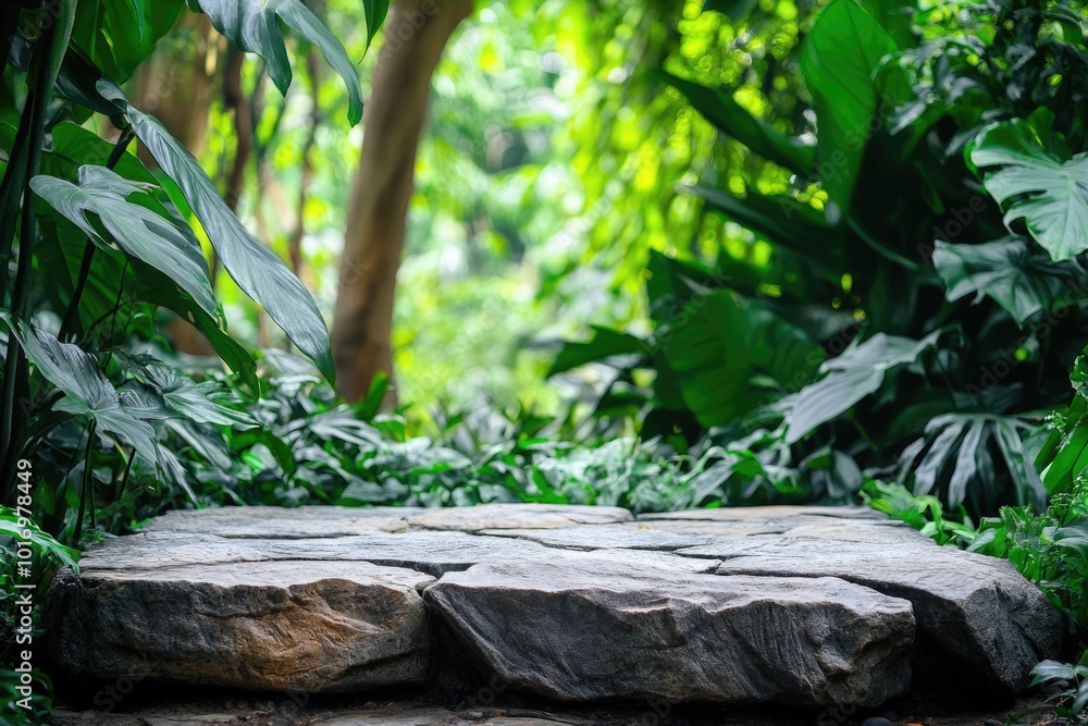 Tropical Jungle Product Presentation on Stone Pedestal with Green Wall Background Tropical Jungle Product Presentation on Stone Pedestal with Green Wall Background