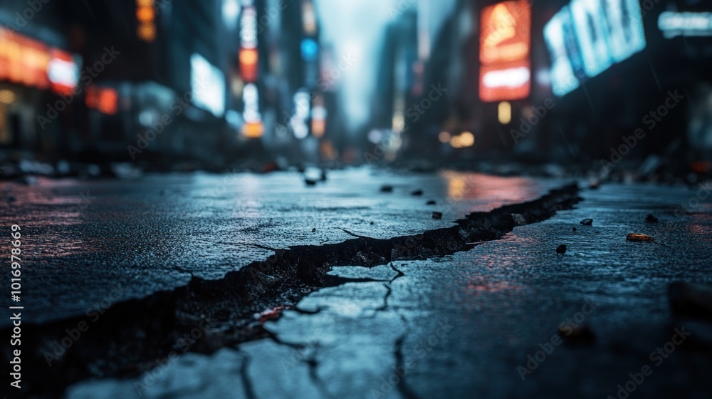 A cracked, wet street in a dimly lit urban environment, evoking a sense of desolation. A cracked, wet street in a dimly lit urban environment, evoking a sense of desolation.