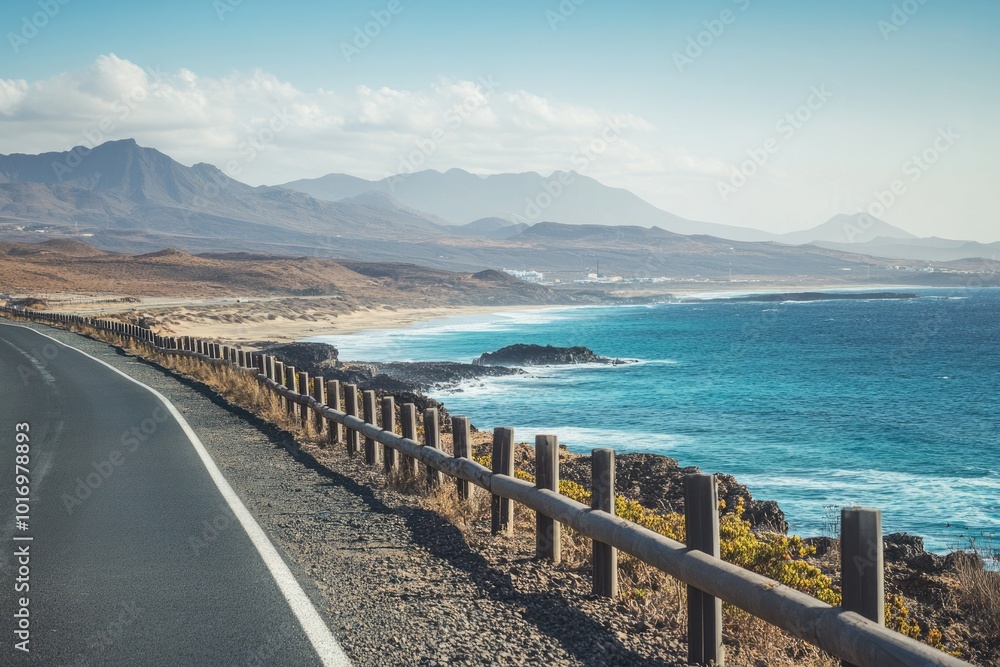 Obraz premium Scenic Coastal Drive in Fuerteventura: Sandy Roads Along the Ocean Shoreline