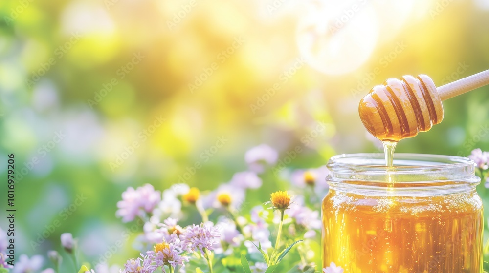 Raw wild honey in sunlight with wooden dipper surrounded by vibrant wildflowers and greenery, copy space Raw wild honey in sunlight with wooden dipper surrounded by vibrant wildflowers and greenery, copy space