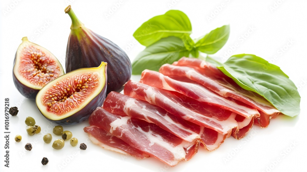 Thin slices of jamon layered in a fan, isolated on a white background with fresh figs, basil leaves, and olive oil Thin slices of jamon layered in a fan, isolated on a white background with fresh figs, basil leaves, and olive oil