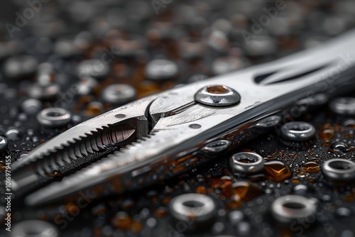 Wallpaper Mural Close-up of metallic pliers on a textured wet surface with scattered screws and drops of water, showcasing detail and precision in the industrial setting Torontodigital.ca