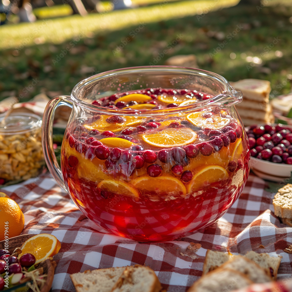 Cranberry punch with oranges and cranberries in glass pitcher on picnic table Cranberry punch with oranges and cranberries in glass pitcher on picnic table