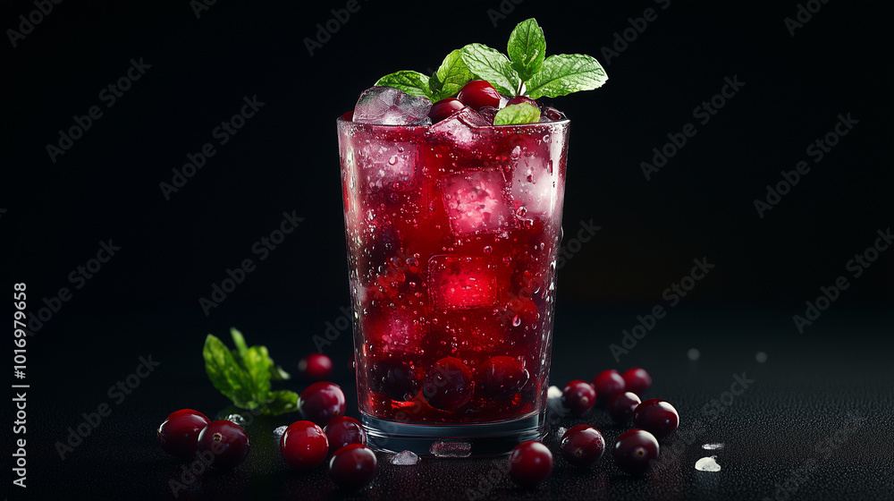 Cranberry cocktail with ice and mint leaves on dark background Cranberry cocktail with ice and mint leaves on dark background