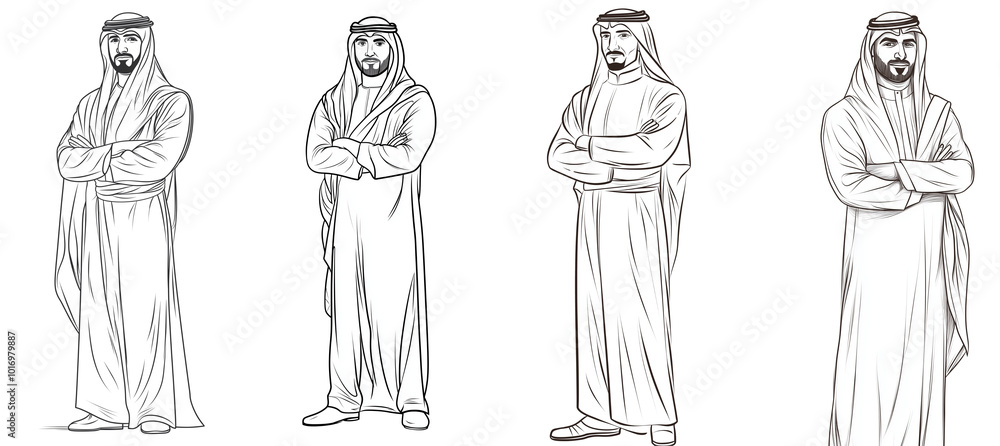 line art illustration of a Saudi Arabian businessman isolated on transparent PNG. line art illustration of a Saudi Arabian businessman isolated on transparent PNG.