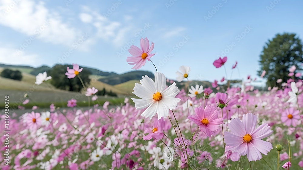 Field of Pink and White Cosmos Flowers Swaying Under a Clear Blue Sky Field of Pink and White Cosmos Flowers Swaying Under a Clear Blue Sky