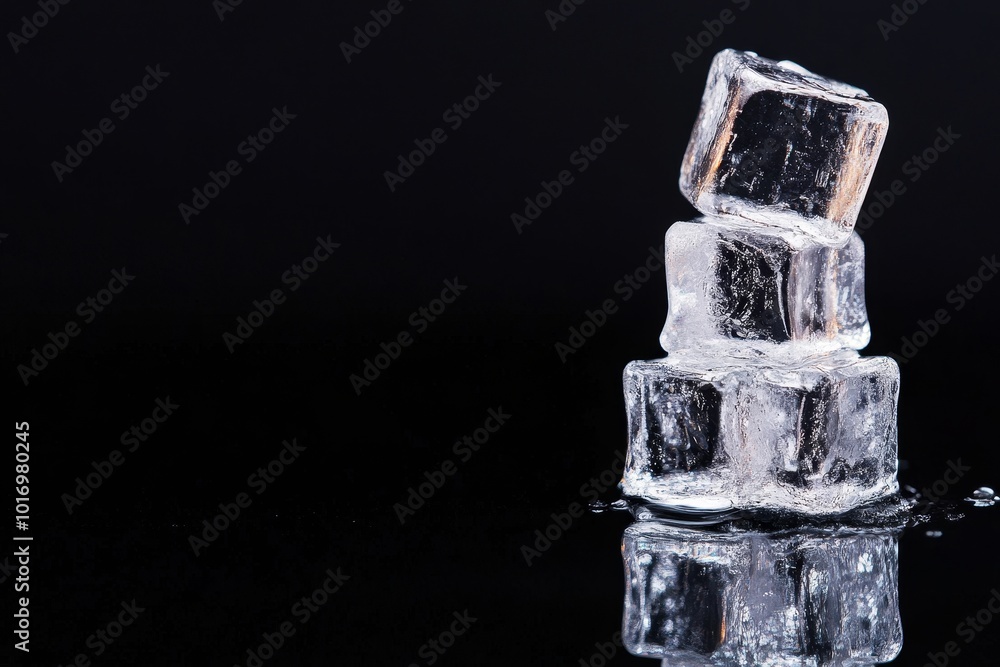 Stack of ice cubes reflecting on a dark surface with droplets, showcasing a minimalistic and cool aesthetic conveyed through simplicity Stack of ice cubes reflecting on a dark surface with droplets, showcasing a minimalistic and cool aesthetic conveyed through simplicity