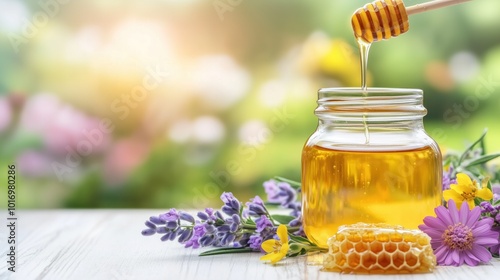 A jar of honey drizzles over honeycomb with fresh flowers in a bright white kitchen setting