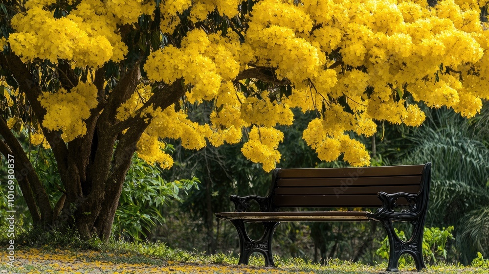 Naklejka premium Vibrant Yellow Flowers Under a Shady Bench