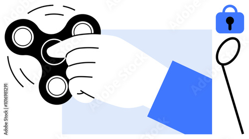 A hand spins a black fidget spinner next to a blue padlock symbol in a minimalistic style. Ideal for stress relief, focus, security, relaxation, and productivity themes. Simple yet informative design