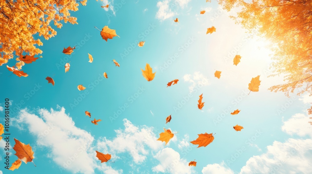 Festive Autumn Banner with Falling Maple Leaves and Summer Sky Copy Space Festive Autumn Banner with Falling Maple Leaves and Summer Sky Copy Space