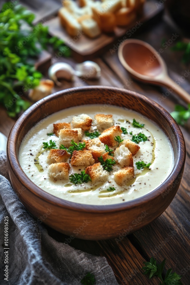 Tasty Homemade Vegetable Soup with Fresh Croutons and Parsley Garnish Tasty Homemade Vegetable Soup with Fresh Croutons and Parsley Garnish