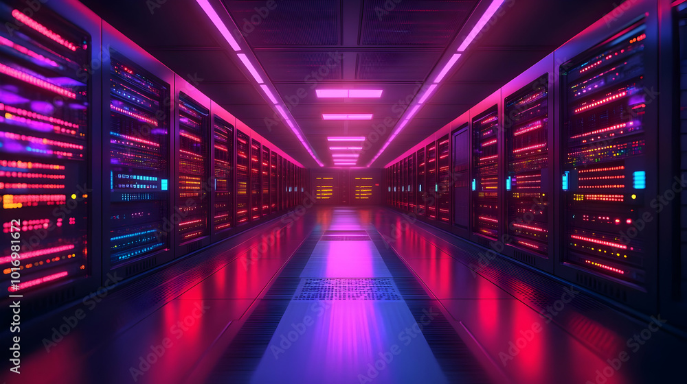 3D Illustration of a Server Room with Neon Lights 3D Illustration of a Server Room with Neon Lights