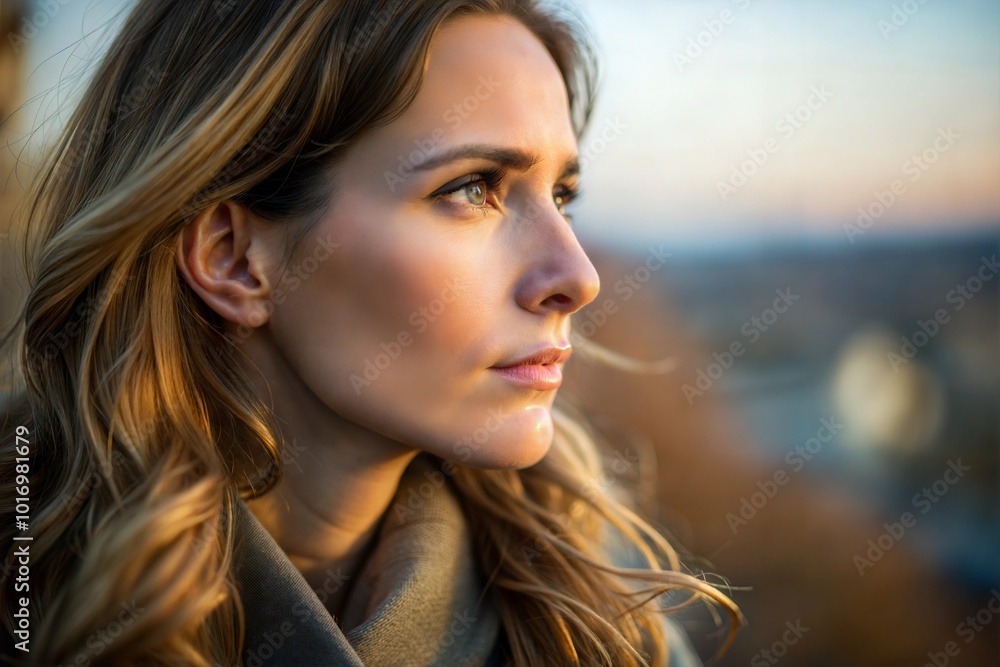 Thoughtful woman in soft golden sunset light Thoughtful woman in soft golden sunset light