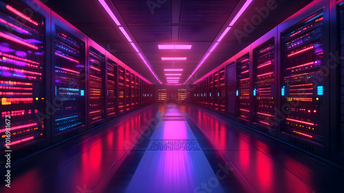 3D Illustration of a Server Room with Neon Lights