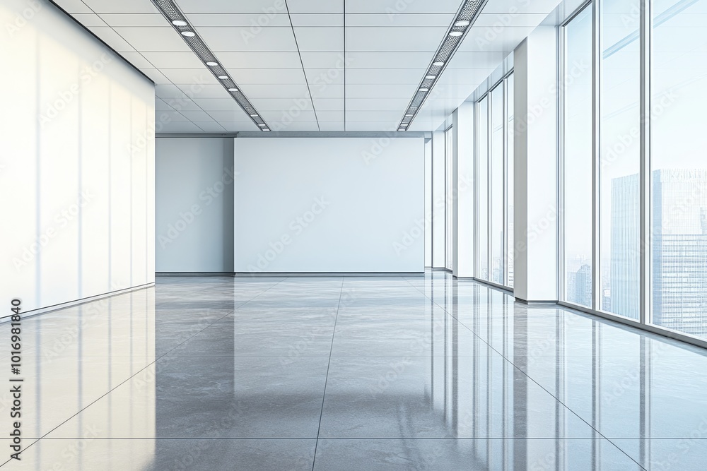 Modern Corporate Office with Panoramic City View and Minimalist Design. Empty Business Room with Marble Tile Floor Modern Corporate Office with Panoramic City View and Minimalist Design. Empty Business Room with Marble Tile Floor