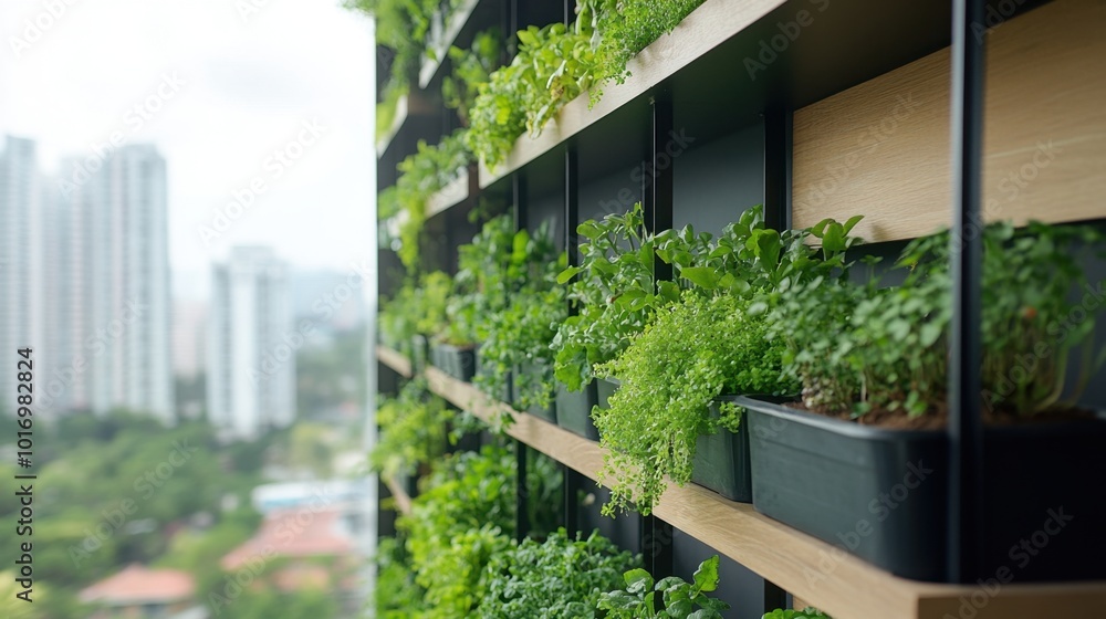 Close-up of vertical garden shelves with various plant species hanging on a modern veranda, cityscape visible in the distance. Close-up of vertical garden shelves with various plant species hanging on a modern veranda, cityscape visible in the distance.