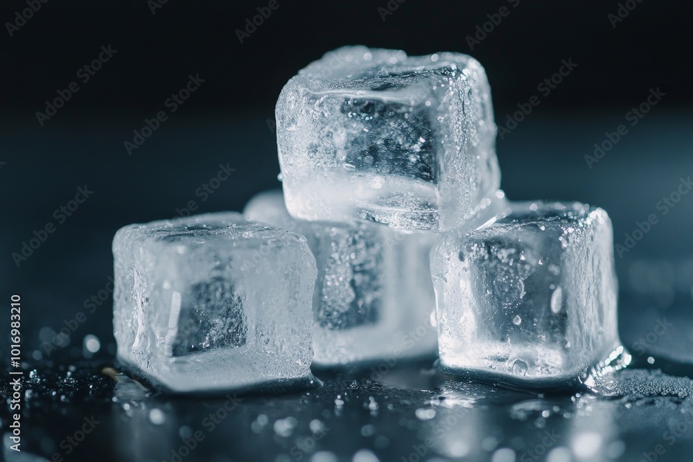 Clear ice cubes stacked on a reflective surface create an elegant display in a dimly lit setting Clear ice cubes stacked on a reflective surface create an elegant display in a dimly lit setting