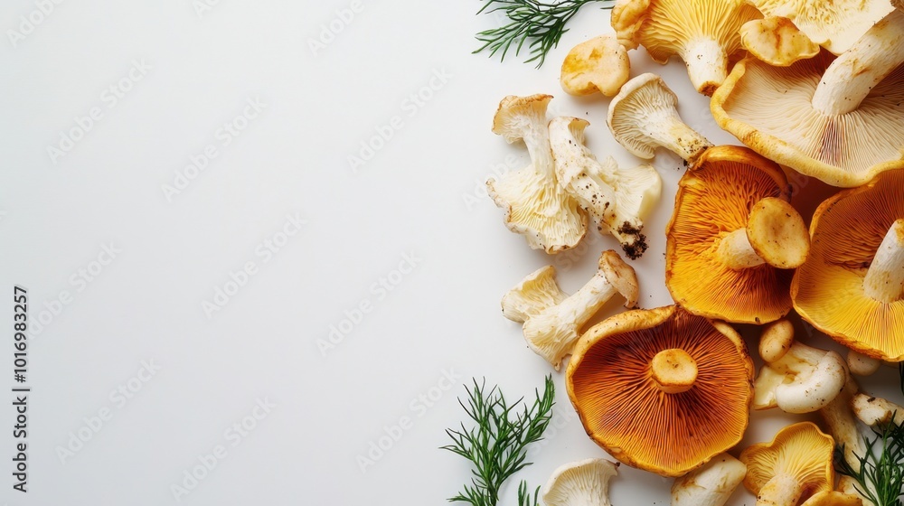 Close-up shot of fresh mushrooms, including chanterelles and porcini, placed on a simple background with ample space for text. Realistic and detailed. Close-up shot of fresh mushrooms, including chanterelles and porcini, placed on a simple background with ample space for text. Realistic and detailed.